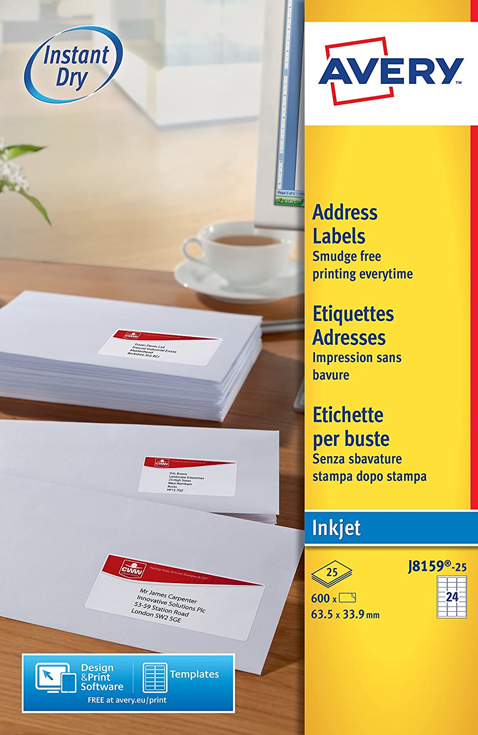 Avery Smudge Free, Printable, Address Labels, Quickdry, 63.5 x 33.9 mm, White, 24 Labels per Sheet - Image 3