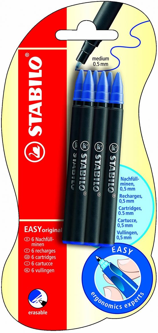 Pack of 6 Stabilo Easy Original Refill Ink Cartridges Blue Medium