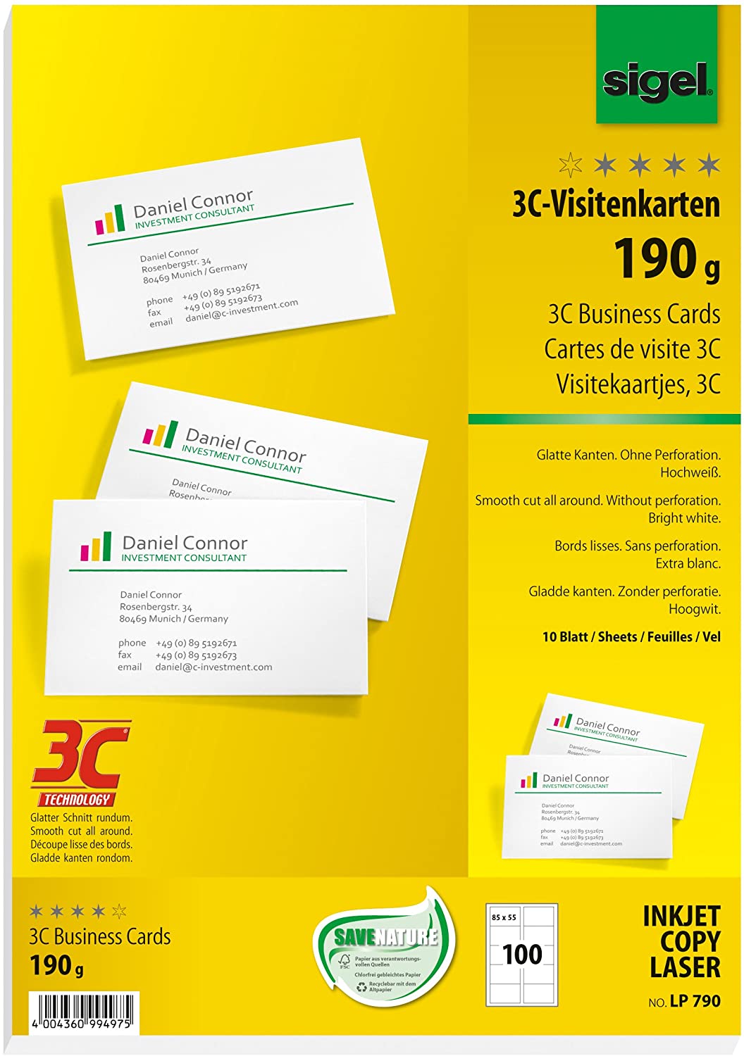 SIGEL LP790, 85x55 mm (A4), Business Cards, 3C, smooth cut all around, 190 gsm, printable, bright White, 100 Piecesequal to10 sheets