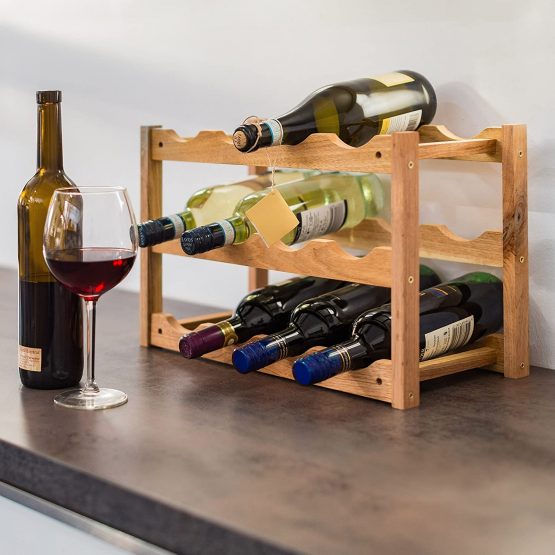 Relaxdays Free Rack: 28 x 42.5 x 21 cm Wooden Stand with Three Shelves for 12, Small Wine Bottle Holder Made Out of Oiled Walnut for Horizontal Storage, Wood, Natural Brown, 42 x 21 x 28 cm - Image 2