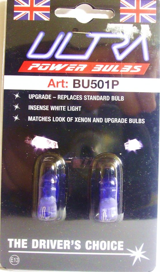 2x Ultra Power 5W Car Headlight Side Bulbs White/Blue (501/W5W/T10) BU501P
