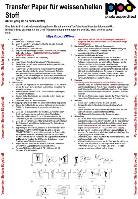 PPD 20 Sheets Inkjet PREMIUM T Shirt Transfer paper A4 for White and Light Colour Fabric (PPD-1-20) - Image 2