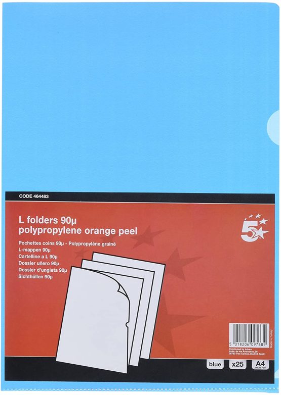 5 Star Office Folder Cut Flush Polypropylene Copy-safe Translucent 120 Micron A4 Blue [Pack 25]