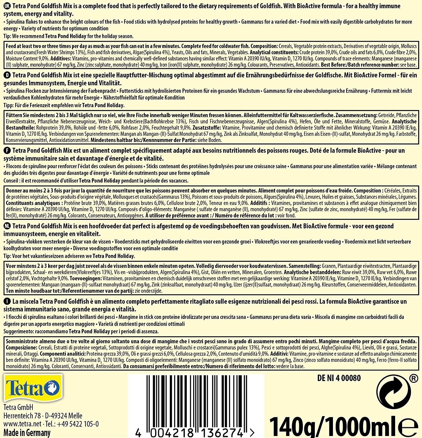 Tetra Goldfish Pond Fish Food Variety 140g - biologically balanced for pond goldfish, 1 l (Pack of 1) - Image 4