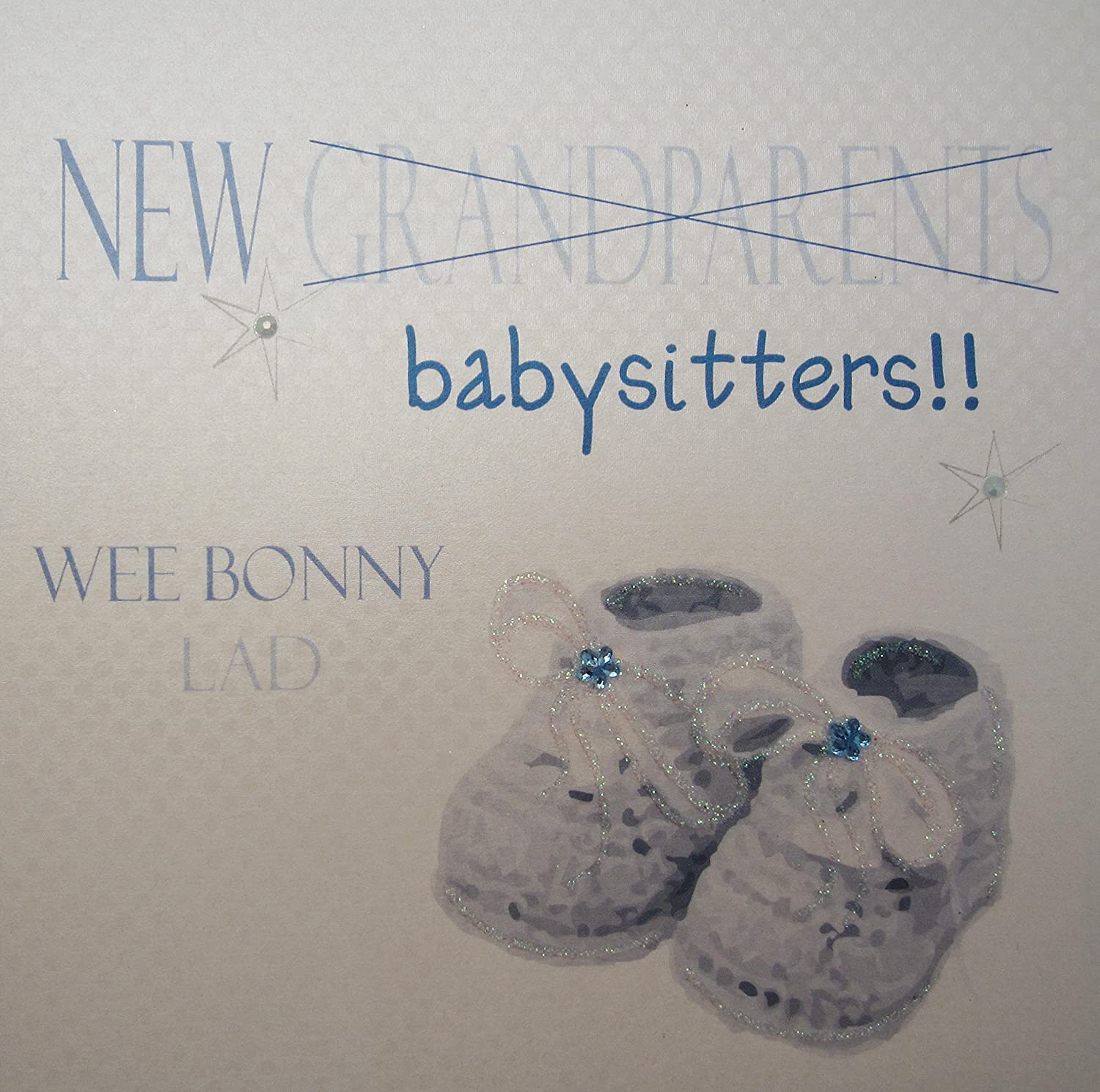 White Cotton Cards Grandparents/Babysitters Wee Bonny Lad, Handmade New Baby Card (Blue Booties), 16cm x 16cm