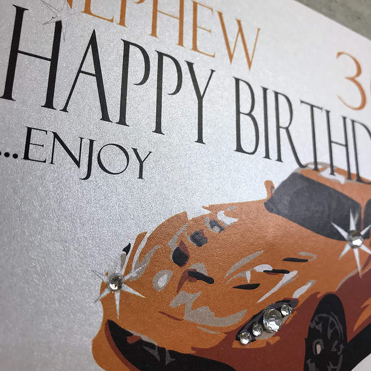 white cotton cards Handmade Nephew 30 Happy Birthday…Enjoy Orange Sports Car 30th Birthday Card, White, N62-N30 - Image 2
