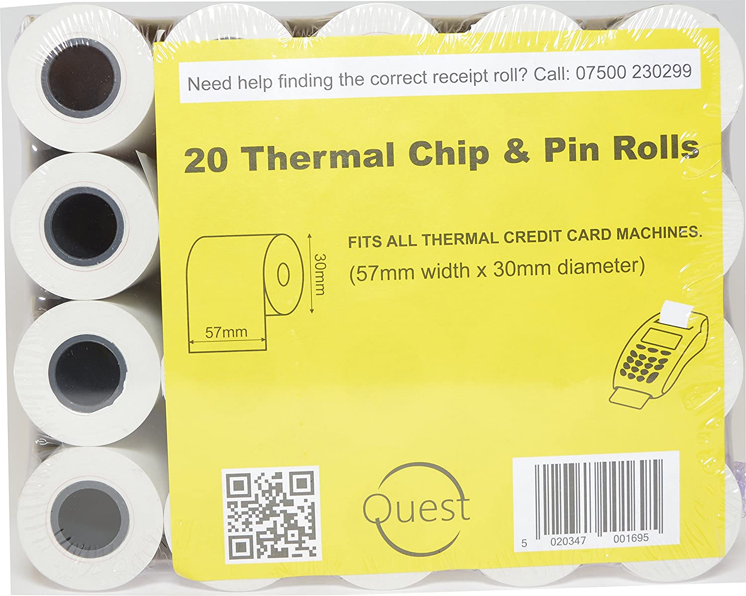 Quest 20 Thermal Chip 'n' Pin Rolls Size: 57mmx30mm Fits All Thermal Credit Card Machines, White, 57mm width x 30mm diameter - Image 3
