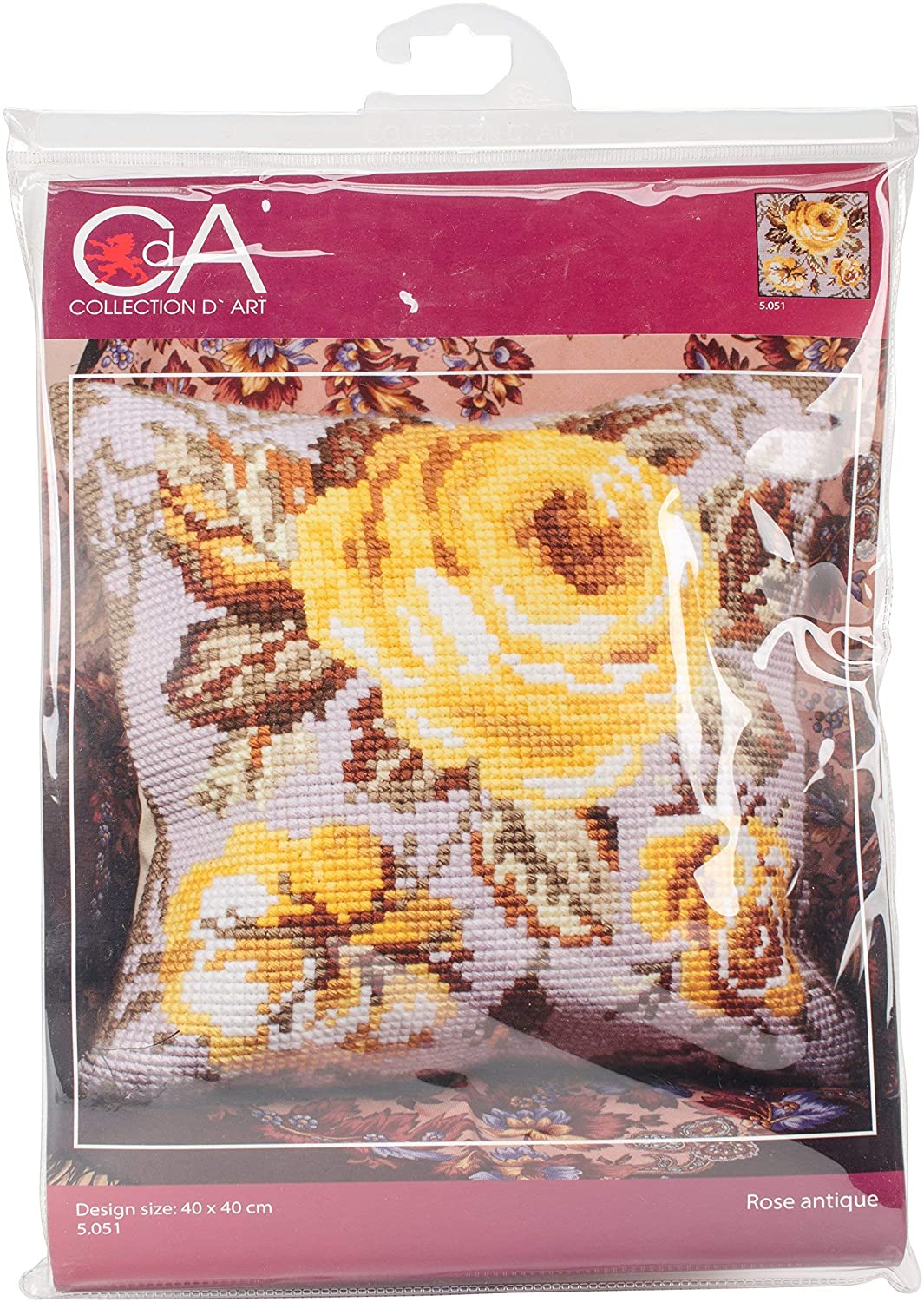 Collection d'Art Cross Stitch Cushion: Antique Rose, Gold, 40 x 40 cm