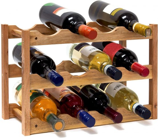 Relaxdays Free Rack: 28 x 42.5 x 21 cm Wooden Stand with Three Shelves for 12, Small Wine Bottle Holder Made Out of Oiled Walnut for Horizontal Storage, Wood, Natural Brown, 42 x 21 x 28 cm