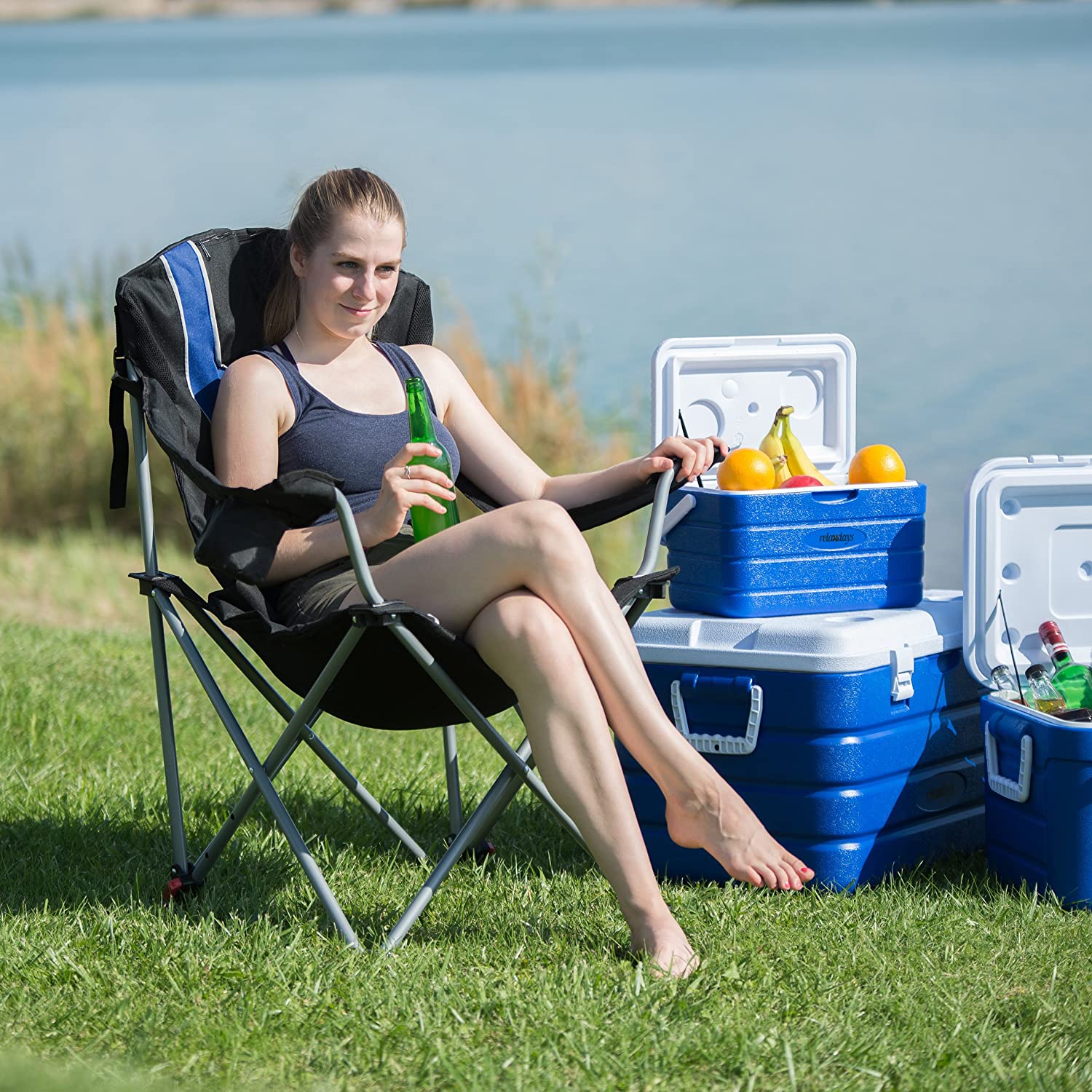Relaxdays Foldable Camping Chair, Padded Adjustable Backrest, Folding Fishing Seat, 108 x 90 x 72 cm, Blue-Black - Image 2