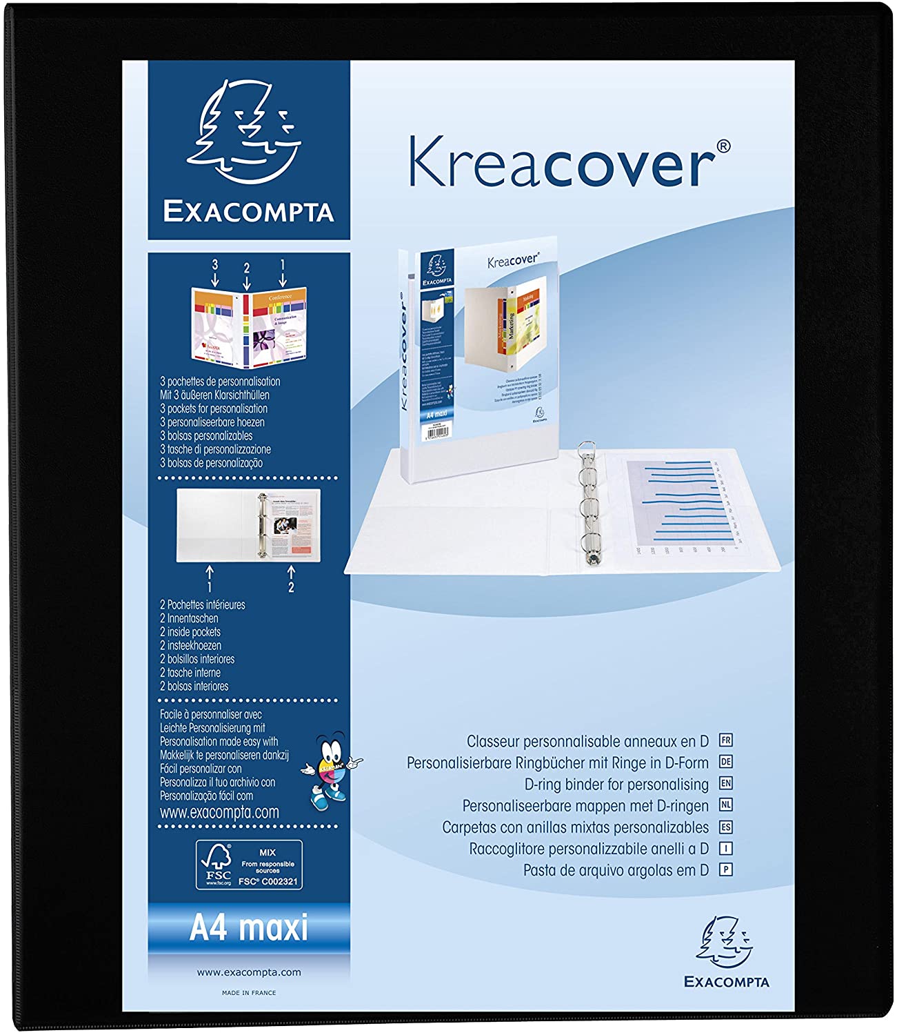 Exacompta, ref. 51842NE, 1 customizable rigid opaque binder with 3 pockets, 4 D-rings of 30 mm, Spine 47 mm