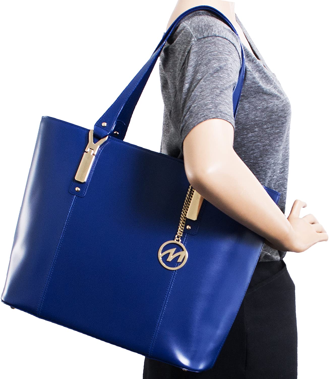 Leather Ladies' Tote with Tablet Pocket, Navy, 14.50"x5"x13" - Image 3