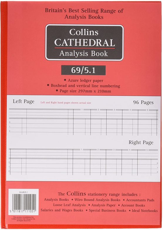 Collins 060343 Cathedral 69 Series 5 Cash Columns A4 Analysis Book, 96 Pages, Red