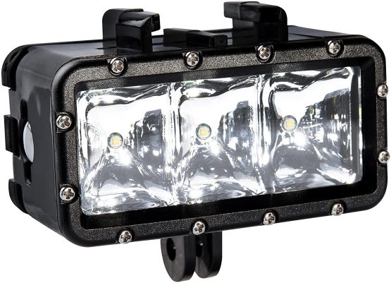 Bresser 8785201 Action Camera LED Light with Three Different Light Levels (High/Low/SOS), up to 30 m Waterproof Housing for Diving and able Battery, Black