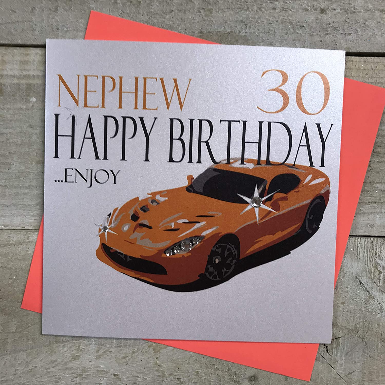 white cotton cards Handmade Nephew 30 Happy Birthday…Enjoy Orange Sports Car 30th Birthday Card, White, N62-N30