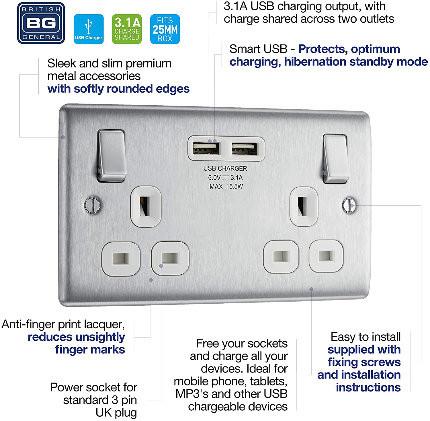 BG Electrical Double Switched Fast Power Socket with Two USB Charging Ports, Brushed Steel, label ‘1’ - Image 4