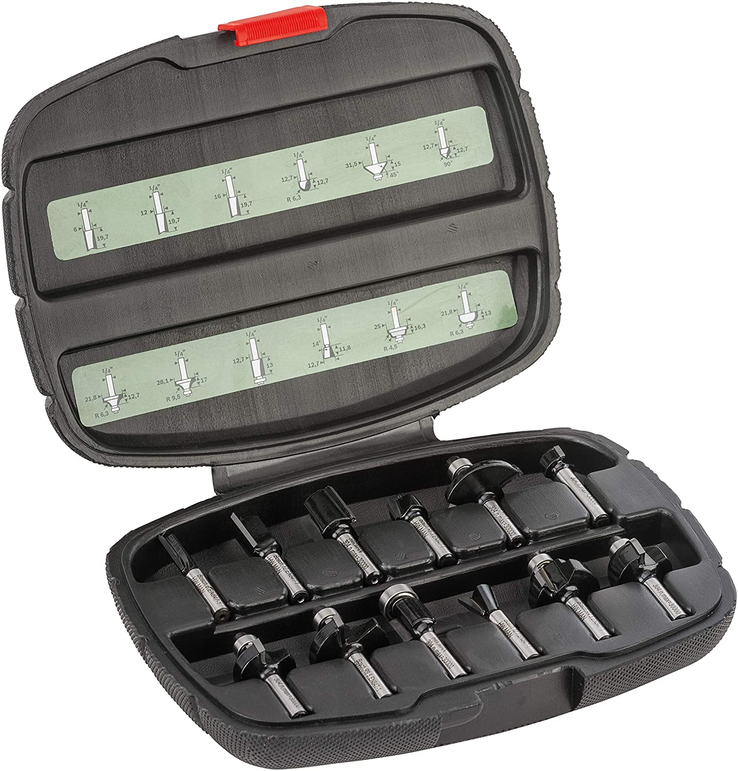 Bosch 12-Piece Router Bit Set (for Wood Shank diameter 1/4", Accessory Routers), Silver/Black, 12-Piece Set