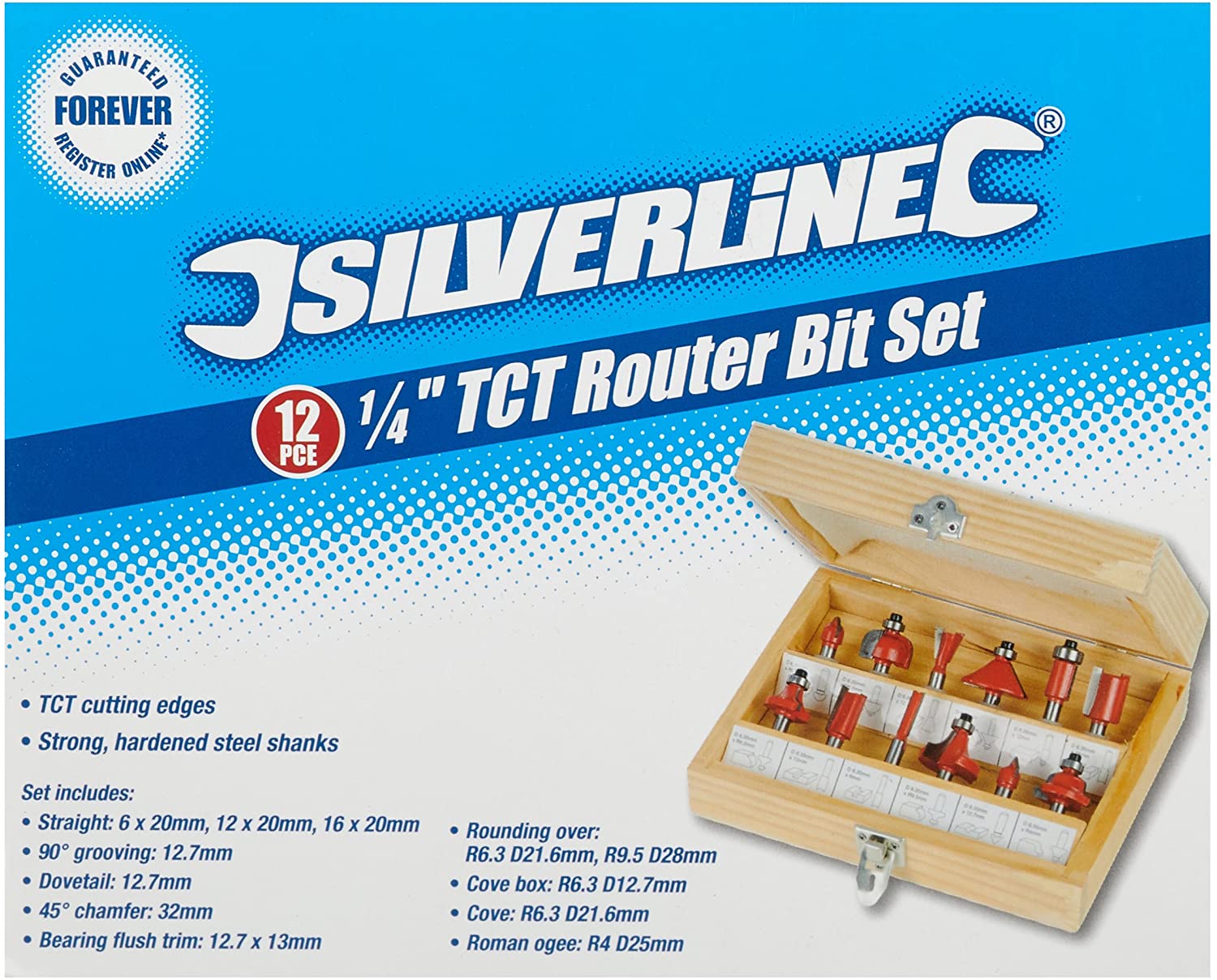 Silverline TCT Router Bit Set - 12 Piece, 1/4" Shank Tungsten Carbide Tipped Bits in Storage Case (792084) - Image 2