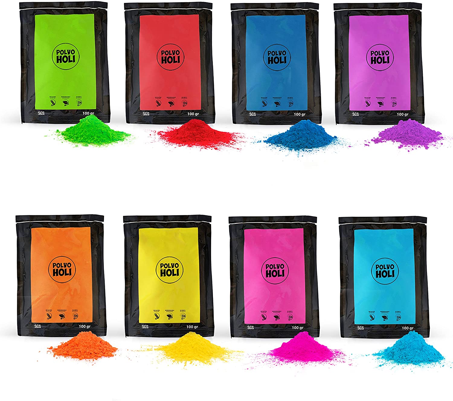 800g Holi Powder Pack – 8 bags of 100 grams – 8 Colors - BigaMart