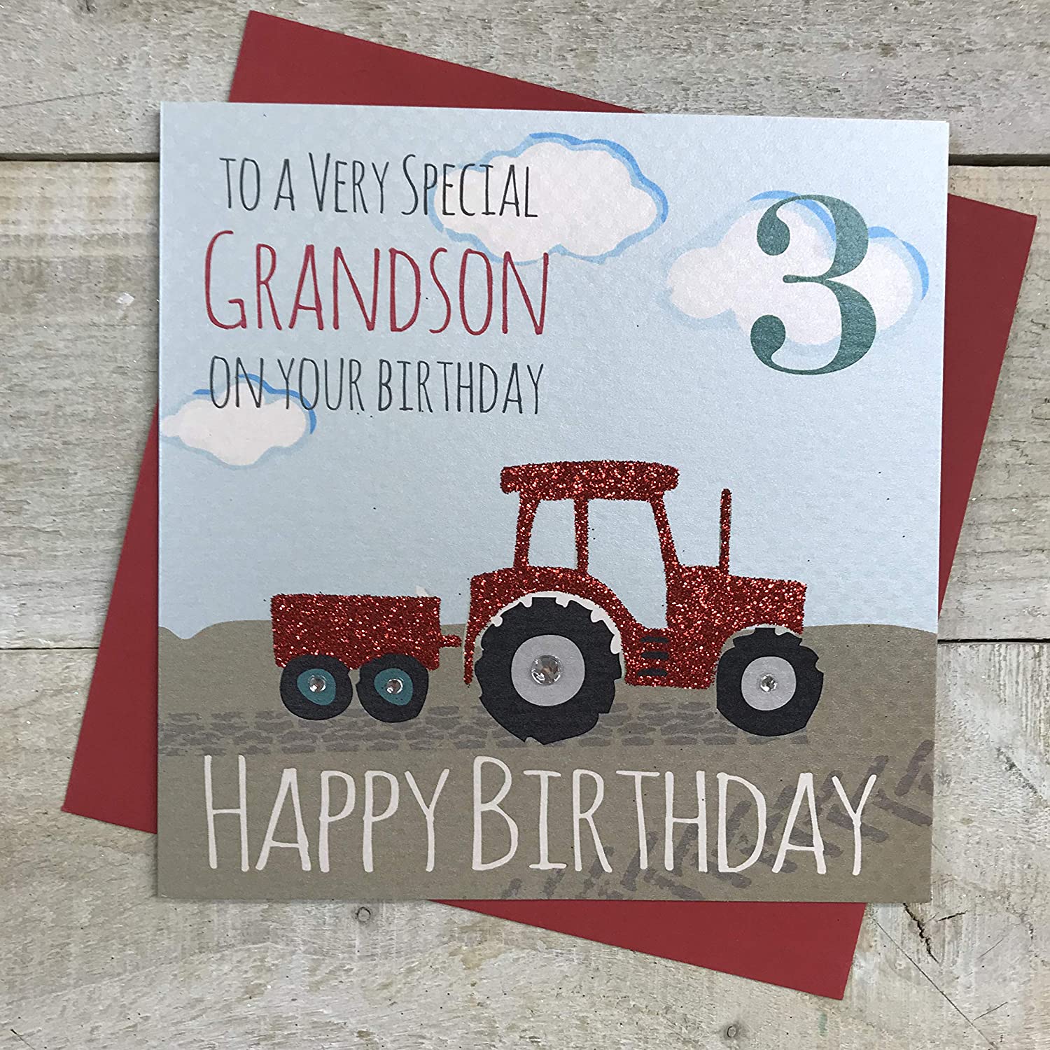 White Cotton GA3-GS Cards"to A Very Special Grandson On Your Birthday,red, red|white|grey|green, 16cm x 16cm