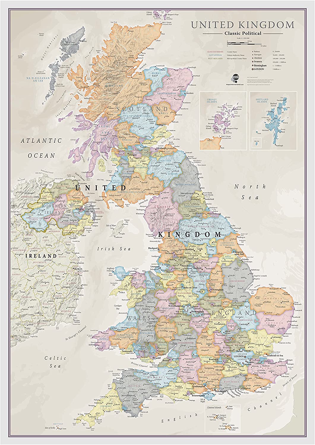 UK Map - Classic Wall Map Of The United Kingdom Poster - Front Lamination - A1, 84 x 59cm, White