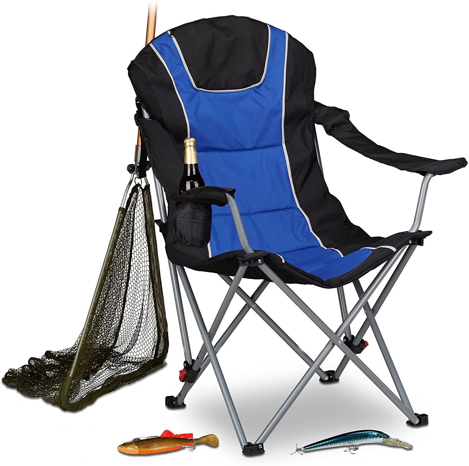 Relaxdays Foldable Camping Chair, Padded Adjustable Backrest, Folding Fishing Seat, 108 x 90 x 72 cm, Blue-Black