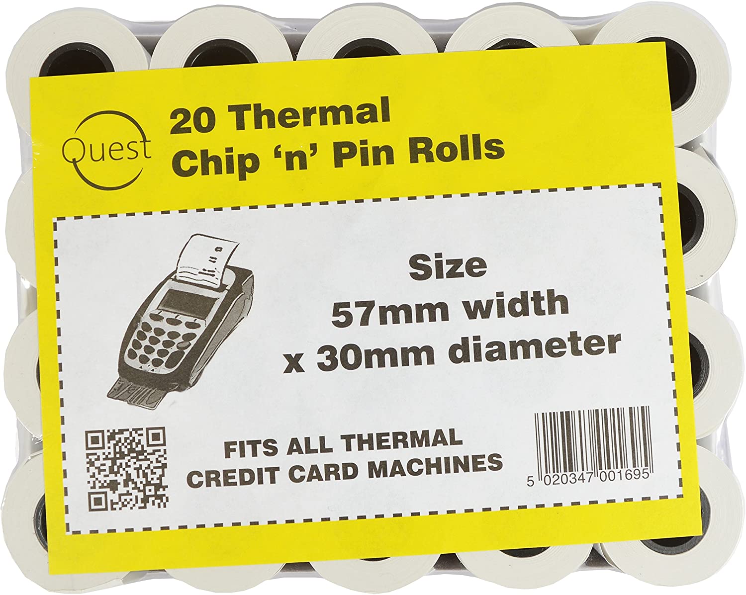 Quest 20 Thermal Chip 'n' Pin Rolls Size: 57mmx30mm Fits All Thermal Credit Card Machines, White, 57mm width x 30mm diameter