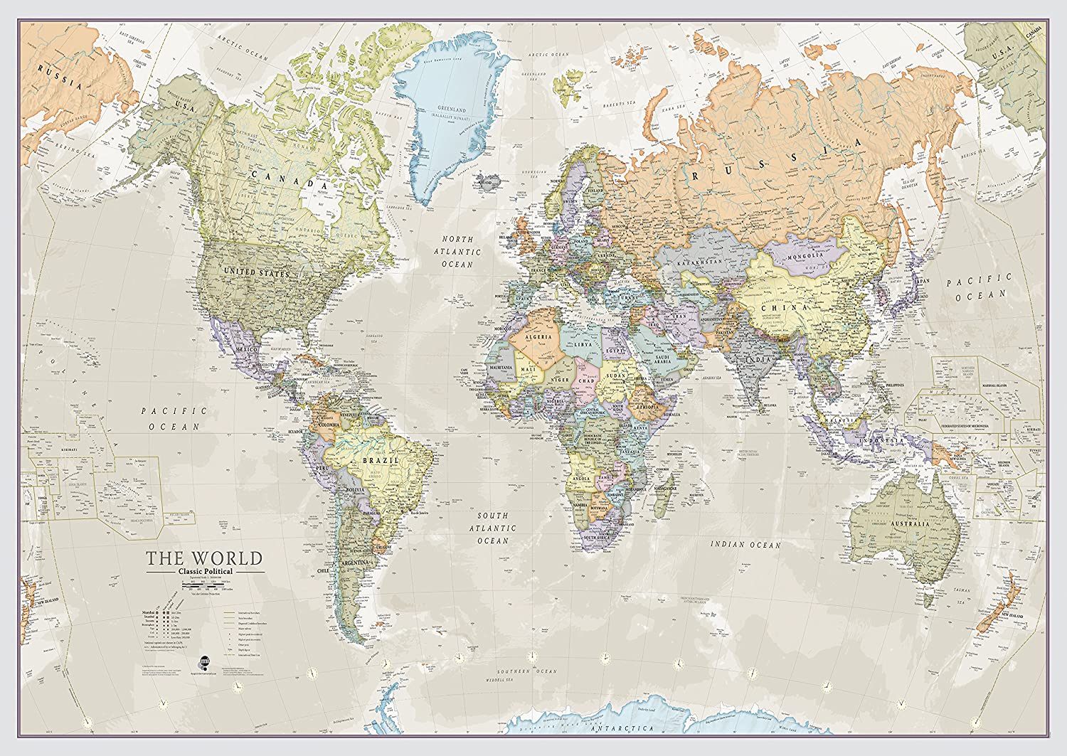 Classic World Map - Maps International - Front Lamination - A0 118.9 x 84.1 cm, Classic Medium, SIZE - A0 118.9 (w) x 84.1 (h) cm