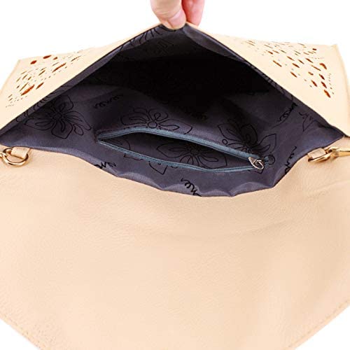 LA HAUTE Women's Flower Hollow Out Evening Bag Oversized Pu leather Clutch Handbag Elegant Chain Shoulder Crossbody Bag, Beige - Image 4