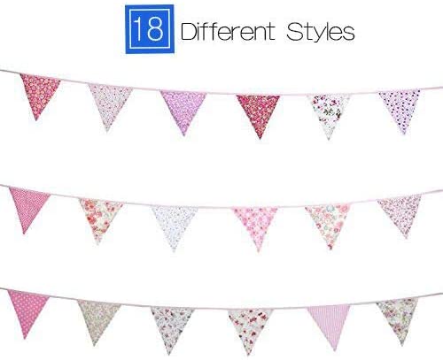 G2PLUS 36PCS Double Sided Fabric Bunting, 10M Pink Floral Cotton Banner - Image 2