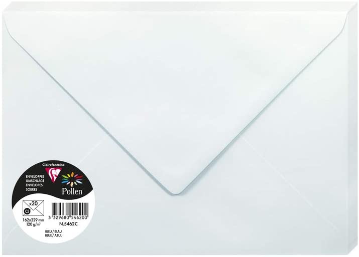 Clairefontaine 5462C Pack of 20 Gummed Envelopes Format C5 16,2x22,9cm 120gsm Colour Blue Invitation Events Correspondence Pollen Range Premium Smooth Paper