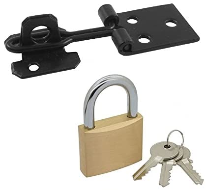 Merriway BH02465 100 mm (4 inch) Wire Hasp & Staple, Black Japanned with 19 mm (3/4 inch) Brass Padlock & 3 Keys