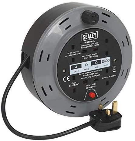 Sealey Cassette Type Cable Reel with Thermal Trip, 10m, 4 x 230V, 2400W - BCR10B, Grey