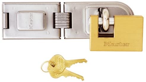 Master Lock 606720EURD Pack Including Door Hinged Hasp and Rectangular Keyed Padlock, 16 x 4,5 cm, Silver, 6,5 cm x 6,3 cm x 1,4 cm