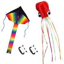 ZoomSky 2 Pack Kites - Large Rainbow Delta Kite and Red Mollusc Octopus with Long Colorful Tail for Children Outdoor Game,Activities,Beach Trip