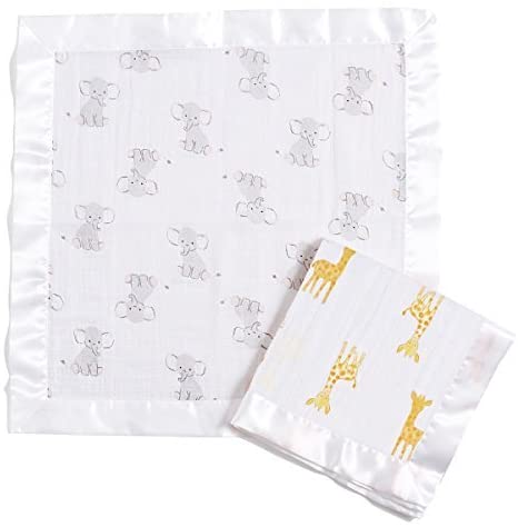 aden + anais Essentials Issie Security Blanket, Super Soft 100% Cotton Muslin, Satin Trim, 2 Pack, Safari Babes 2 Count (Pack of 1)