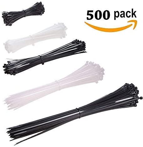 Zip Ties Heavy Duty Cable Ties 4+6+8+10+12 Inch Black & White 500pcs (Combo Pack) Self-Locking Nylon Plastic Ties