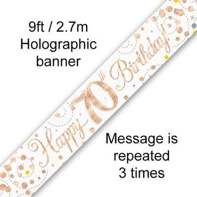 9ft Banner Sparkling Fizz 70th Birthday White & Rose Gold Holographic, 270cm x 13cm