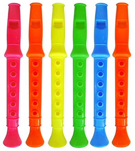 12 x Mini Flutes Whistle Recorders - Kids Birthday Party Loot Bag Pinata Toys Fillers for Boys & Girls, Multi-coloured, 14 cm