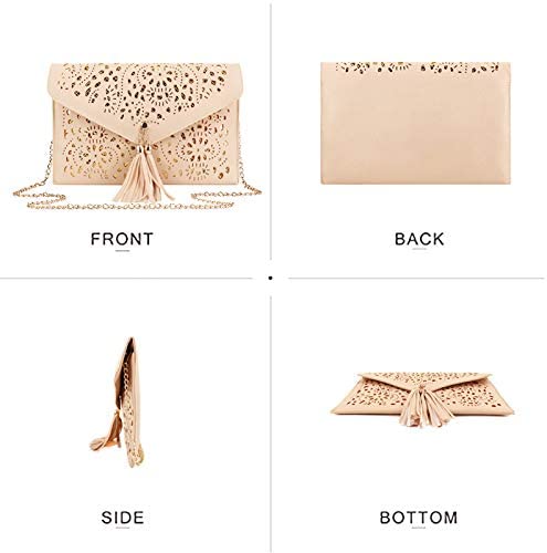 LA HAUTE Women's Flower Hollow Out Evening Bag Oversized Pu leather Clutch Handbag Elegant Chain Shoulder Crossbody Bag, Beige - Image 2