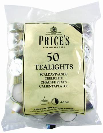 Prices Patent Candles White Tealights Bag, Pack of 50, Wax, l x 3.8cm w x 1.8cm h, Unscented, 4 Hours