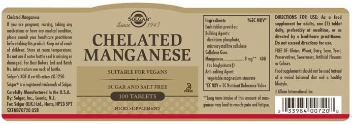 Solgar Chelated Manganese Tablets, Pack of 100, for Strong Bones and Healthy Metabolism, Easy to Absorb, Vegan - Image 2