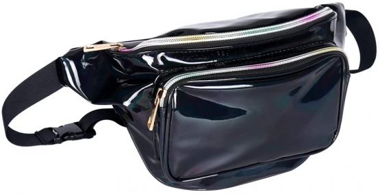 Geestock Holographic Fanny Pack for Women/Men,Belt Bag for Men PVC Waterproof Shiny Waist Bag, Laser Waist Bum Bag with Adjustable Belt for Travel, Party, Festival Rave, Running, Hiking (Black)