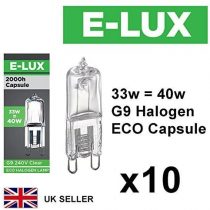 Pack of 10 x G9 33W=40W 240V Dimmable 460 Lumen C Rated Safety Fused Halogen Clear Bulbs Lamps Capsules