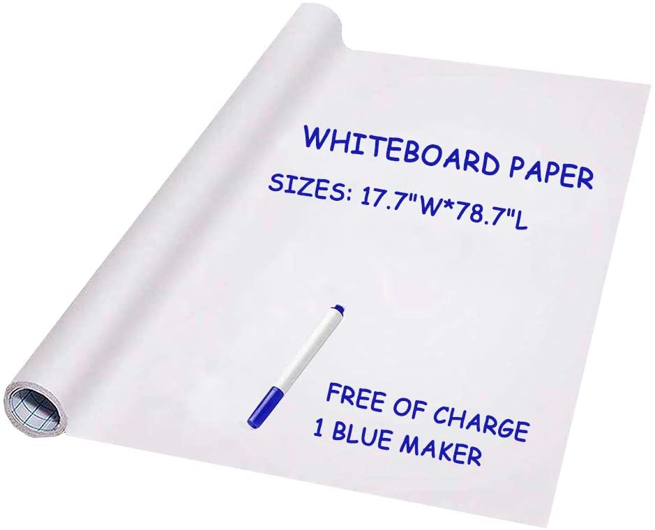 Whiteboard Paper Sticker Roll, DIY Self-Adhesive Dry Erase Paper Film, Large 17.3" X 78.7" with 1 Water-Based Pen Mark