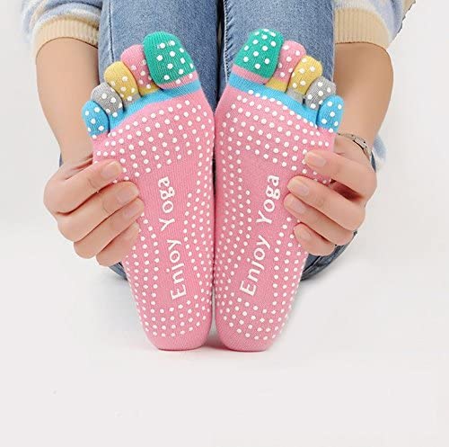 Veewon 4 works Full Toe Non Slip Skid Yoga Socks with Toes Pilates with Grips Cotton for Women Random Color
