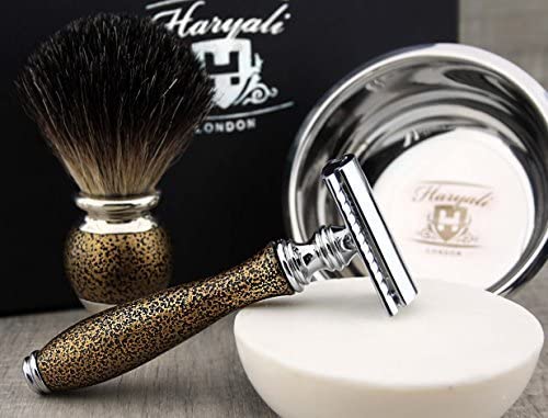 Haryali London Mens Shaving Kit, 5pc Shaving Brush Set, Gold Antique, Grooming Set, Badger Hair Shaving Brush - Image 3