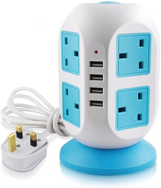 MAOZUA Extension Lead USB Power Strip Tower 8 Outlets 4 USB Ports Surge