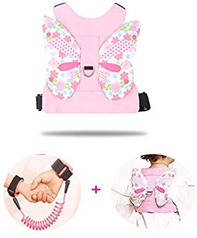 Yeelan 2 Pack Anti Lost Harness Rein Belt Strap & Anti-Lost Wrist Link Safety Band with 360°Rotation Leash Assistant for Toddler/Kids/Babies/Children(Butterfly Wings for Walking & 4.9ft Pink Rope)