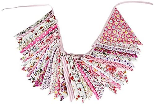 G2PLUS 36PCS Double Sided Fabric Bunting, 10M Pink Floral Cotton Banner - Image 4
